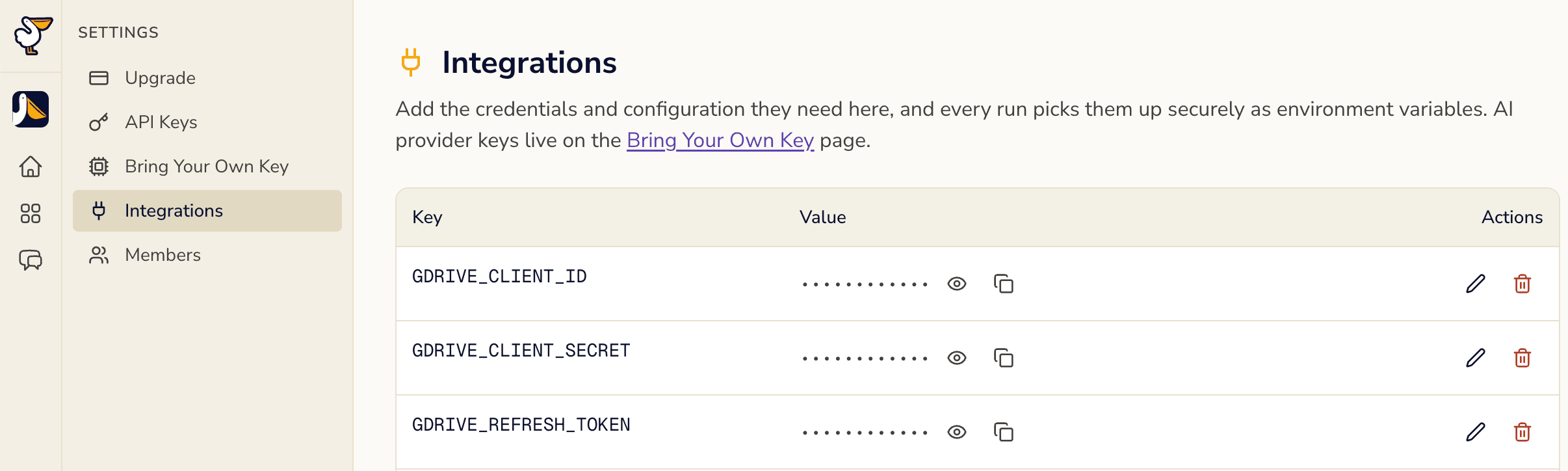 The Integrations page under Settings in the Jetty web app, listing GDRIVE_CLIENT_ID, GDRIVE_CLIENT_SECRET and GDRIVE_REFRESH_TOKEN with their values masked and edit and delete actions on each row.
