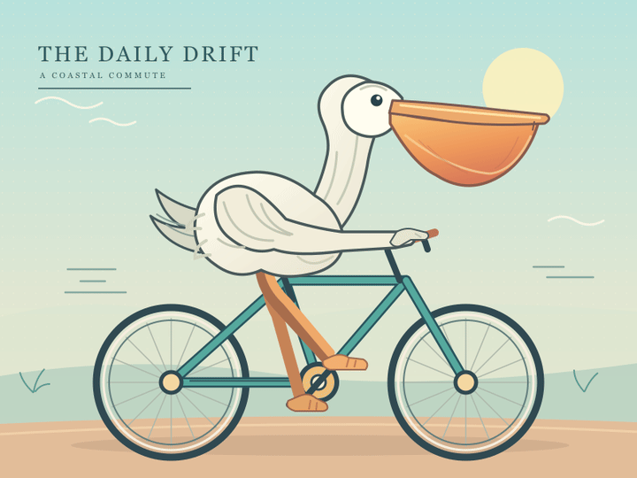 Animated sequence of seven SVG renders of a pelican riding a bicycle produced by GPT-6 Sol, one per hill-climb run. The poster-style scene, titled The Daily Drift, barely changes between frames: the wing moves onto the handlebar grip, the feet onto the pedals, a saddle appears, and in the final frame the bicycle frame turns blue.