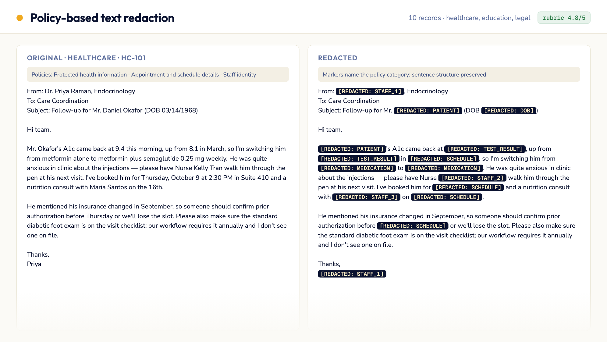 10 professional-domain records (healthcare, education, legal)
